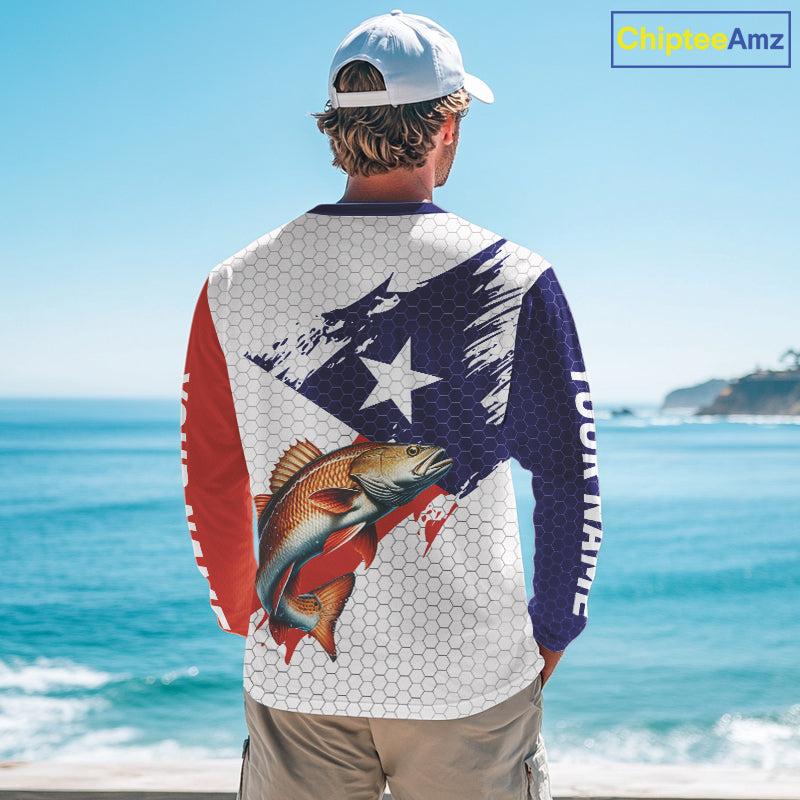 Red, White and Blue Texas Flag Redfish Fishing custom Redfish long sleeves performance fishing shirts NQS10001