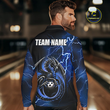 Personalized Black And Blue Thunder Lightning Dragon Bowling Shirts For Men, Bowling Team Uniform NQS10295