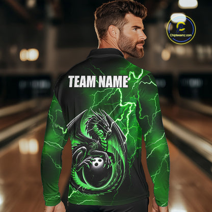 Personalized Black And Green Thunder Lightning Dragon Bowling Shirts For Men, Bowling Team Uniform NQS10296