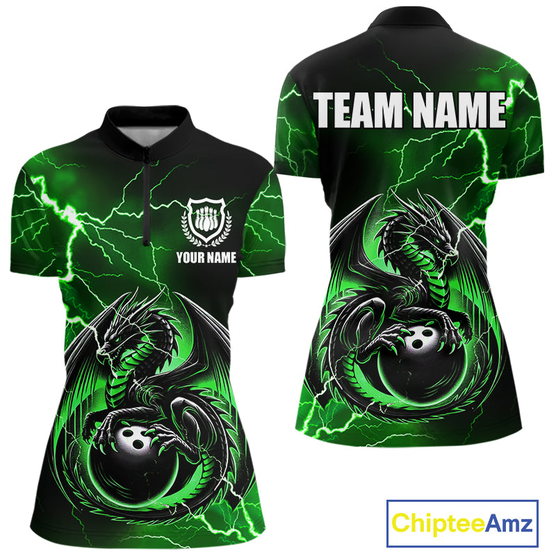 Personalized Black And Green Thunder Lightning Dragon Bowling Shirts For Women, Bowling Team Uniform NQS10296