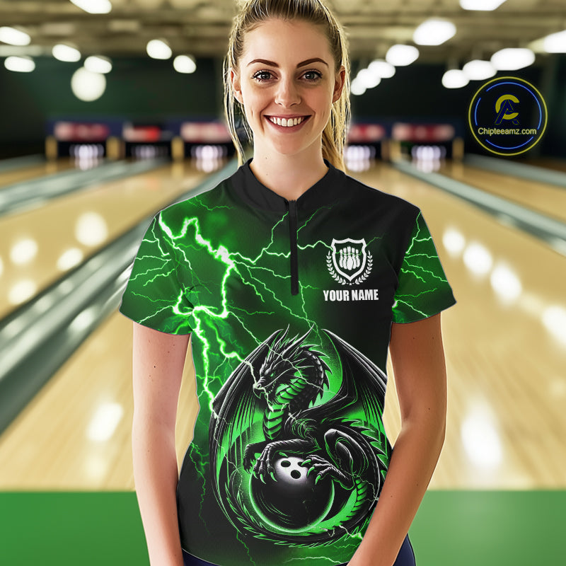 Personalized Black And Green Thunder Lightning Dragon Bowling Shirts For Women, Bowling Team Uniform NQS10296