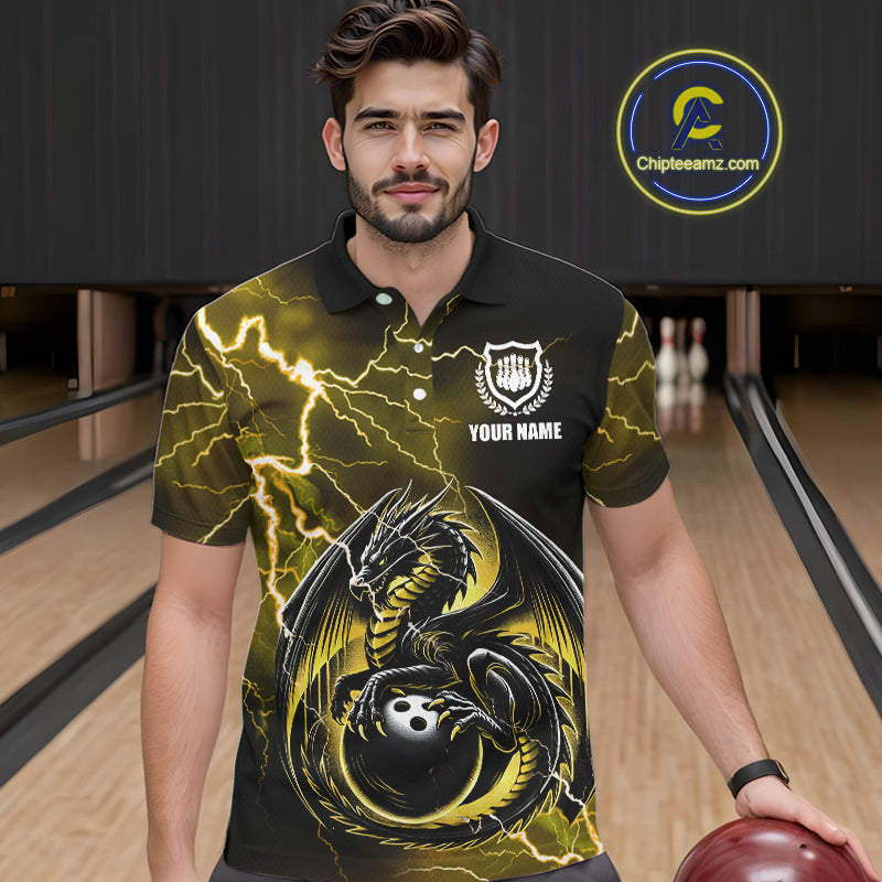 Personalized Black And Yellow Thunder Lightning Dragon Bowling Shirts For Men, Bowling Team Uniform NQS10297