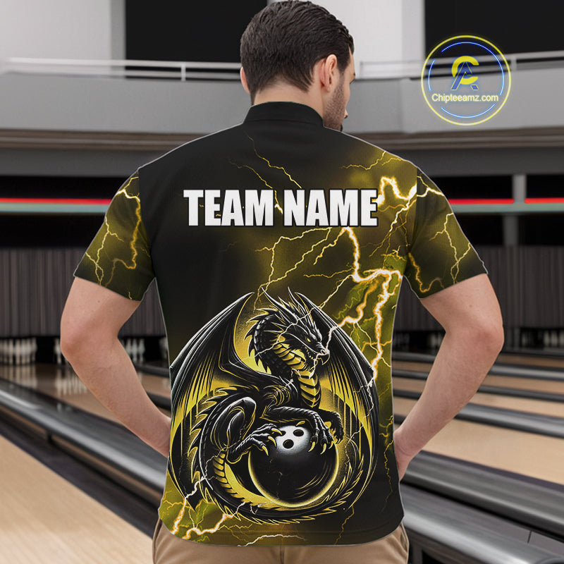 Personalized Black And Yellow Thunder Lightning Dragon Bowling Shirts For Men, Bowling Team Uniform NQS10297