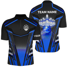 Load image into Gallery viewer, Men bowling Polo, Quarter Zip shirts Custom black &amp; blue Bowling ball pins Team Jersey bowling apparel NQS8522