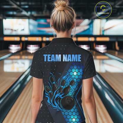 Black and Blue Flame Bowling Polo, 1/4 Zip Shirts for Women Custom Bowling Team Jersey Bowler Outfit NQS10925