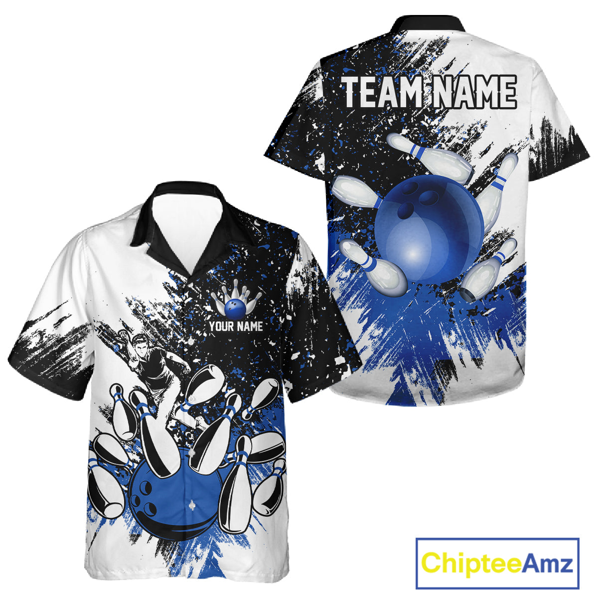 Black & White Women Bowling Hawaiian Shirt Custom bowling button up shirt, bowling outfit | Blue NQS11305