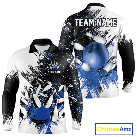 Black and White Men Bowling Polo, Quarter Zip Shirt Custom bowling jersey, mens bowling outfit | Blue NQS11305