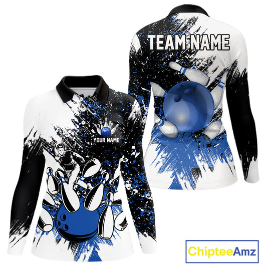 Black & White Women Bowling Polo, 1/4 Zip Shirts Custom bowling jersey, girls bowling outfit | Blue NQS11305