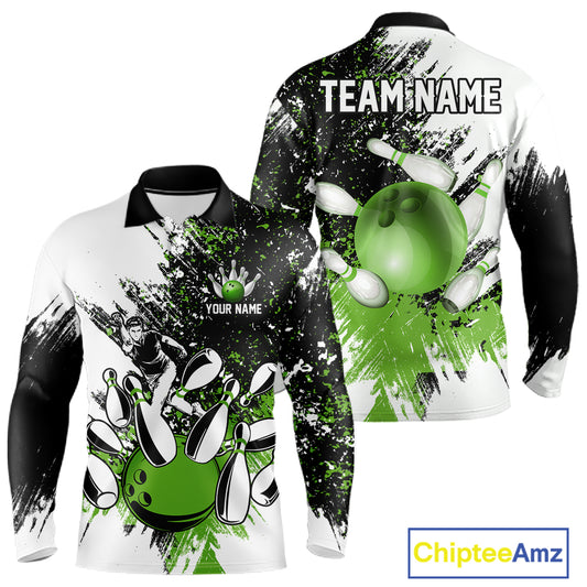 Black & White Men Bowling Polo, Quarter Zip Shirt Custom bowling jersey, mens bowling outfit | Green NQS11306