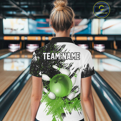 Black & White Women Bowling Polo, 1/4 Zip Shirts Custom bowling jersey, girls bowling outfit | Green NQS11306
