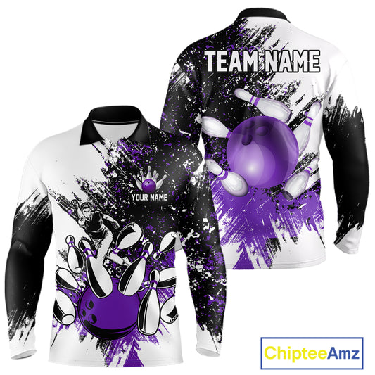 Black & White Men Bowling Polo, Quarter Zip Shirt Custom bowling jersey, mens bowling outfit | Purple NQS11307