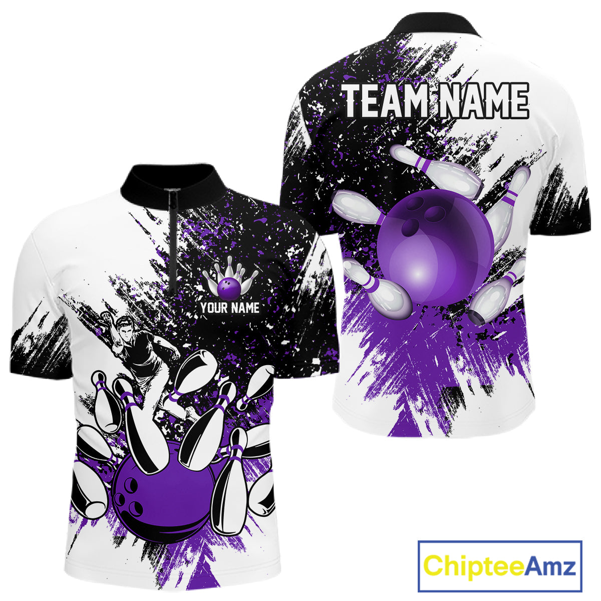 Black & White Men Bowling Polo, Quarter Zip Shirt Custom bowling jersey, mens bowling outfit | Purple NQS11307