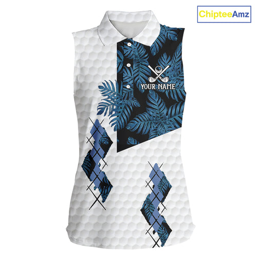 Blue tropical argyle pattern white Women Sleeveless Polo custom ladies golf top, best golf gift NQS10303