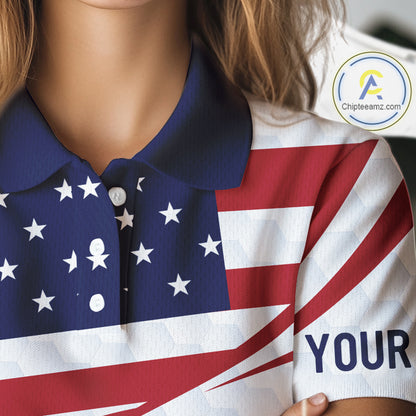 Red, White and Blue American Flag Golf polos shirts for Women custom patriotic ladies golf attire NQS10304