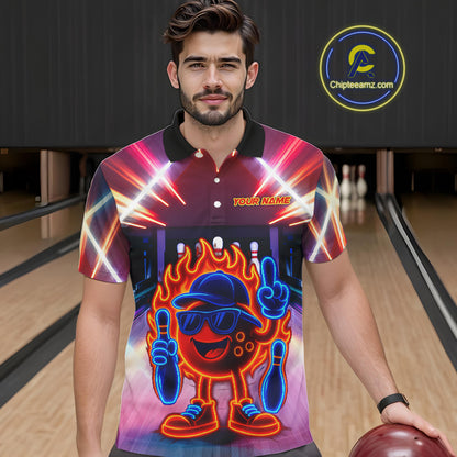 Funny Flame Neon Bowling Ball Mens Bowling Polo, Quarter Zip Shirts Custom Bowling Team jersey NQS10306