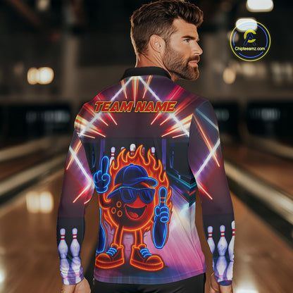 Funny Flame Neon Bowling Ball Mens Bowling Polo, Quarter Zip Shirts Custom Bowling Team jersey NQS10306