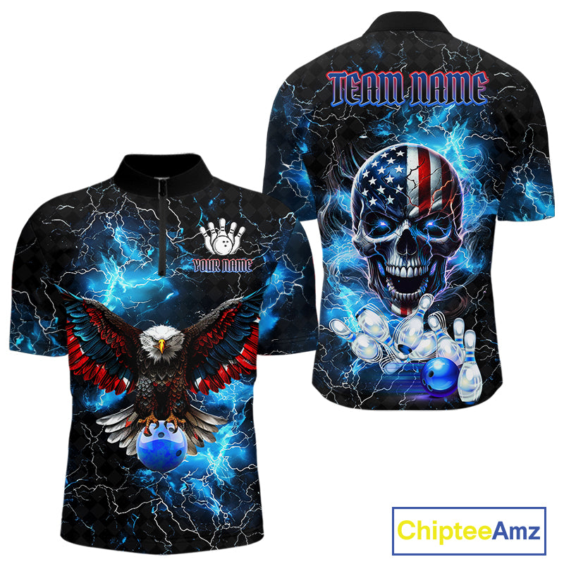 Blue Thunder Lightning American Flag Eagle Skull Mens Bowling Shirts Custom Bowling Team Jersey NQS10724