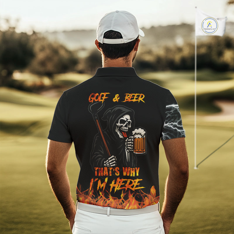 Funny Skull Reaper Lightning Flame Golf Polo Shirts For Men custom Golf & Beer That's why I'm here NQS10932