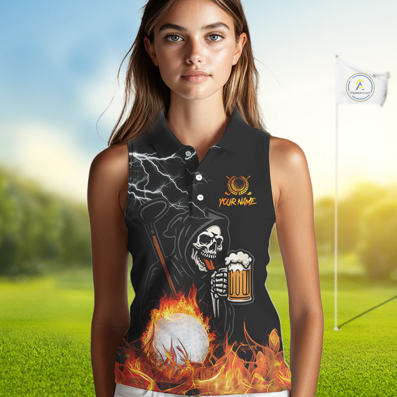 Funny Skull Reaper Lightning Flame Women Sleeveless Polo Shirt custom Golf & Beer That's why I'm here NQS10932