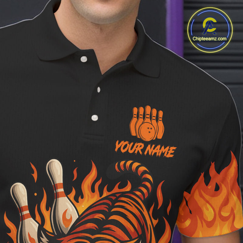 Black and Orange Flame Tiger Bowling Polo, 1/4 Zip Shirts for Men Custom Team Tiger Bowling Jersey NQS10935