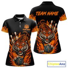 Load image into Gallery viewer, Black and Orange Flame Tiger Bowling Polo, 1/4 Zip Shirts for Women Custom Team Tiger Bowling Jersey NQS10935