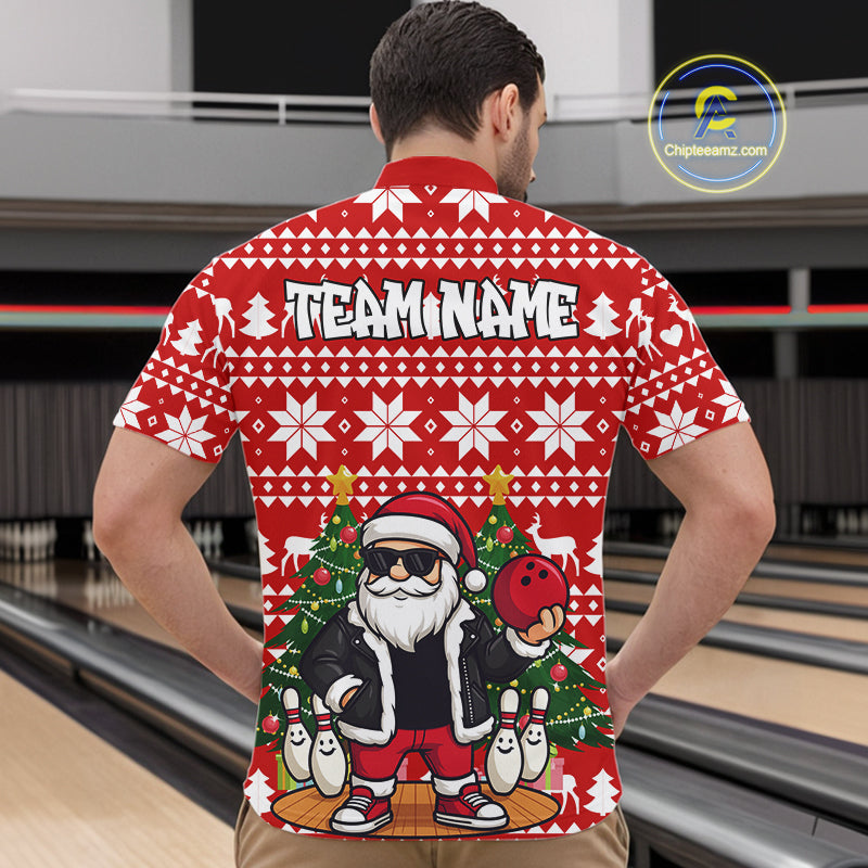 Funny Santa Christmas Mens Bowling Polo, Quarter Zip Shirts Custom Team Bowling Jersey | Red NQS10936