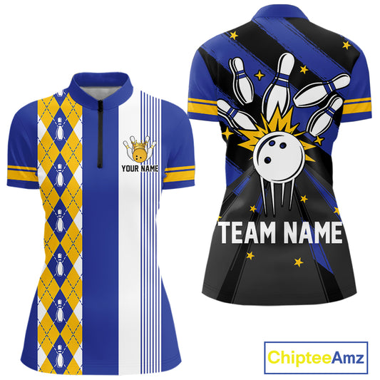 Retro Blue & Yellow argyle pattern Bowling shirts For Women custom bowling team jersey Bowler Outfits NQS11108