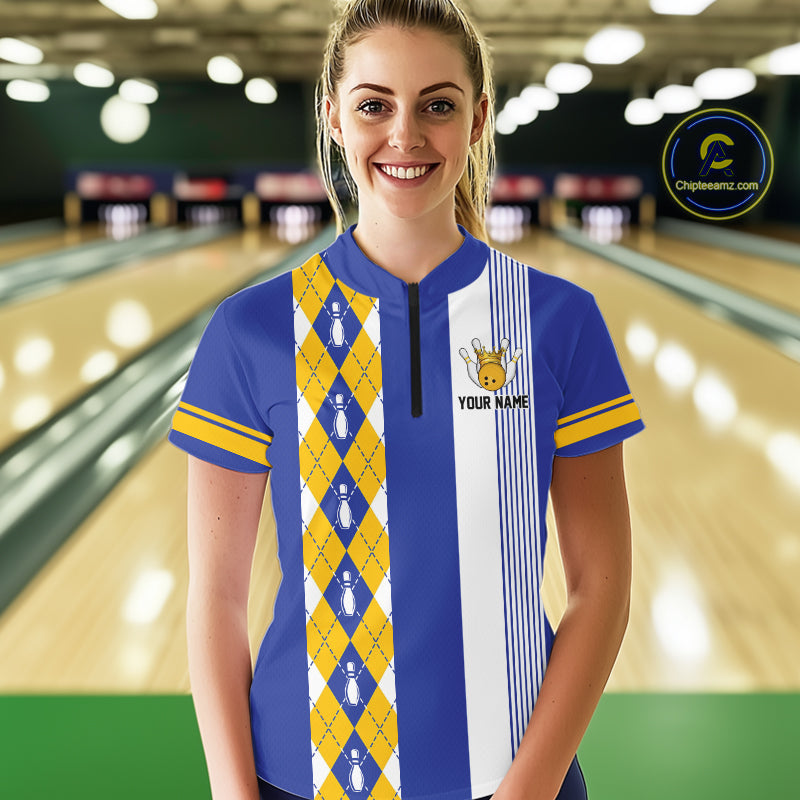 Retro Blue & Yellow argyle pattern Bowling shirts For Women custom bowling team jersey Bowler Outfits NQS11108