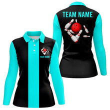 Load image into Gallery viewer, Personalized Cyan Blue and Black Retro Bowling Shirts For Women custom vintage bowling team jerseys NQS9599