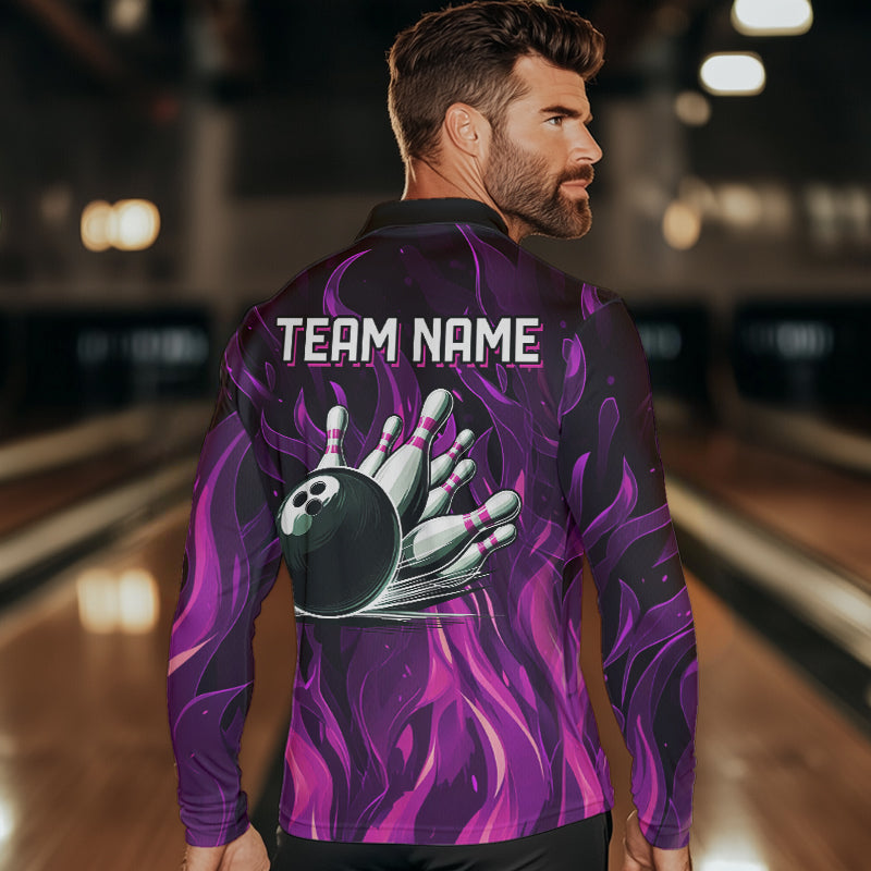 Men bowling Polo, Quarter Zip shirts Custom Pink Flame Bowling Team Jersey, gift for team Bowlers NQS9603