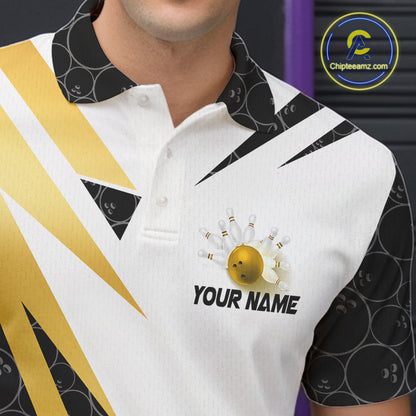 Black and White Bowling Polo, Quarter Zip Shirt for Men Custom Lightning Team bowling jersey | Gold NQS10004