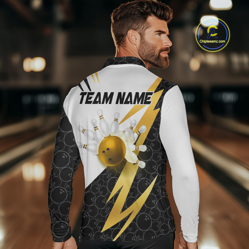 Black and White Bowling Polo, Quarter Zip Shirt for Men Custom Lightning Team bowling jersey | Gold NQS10004
