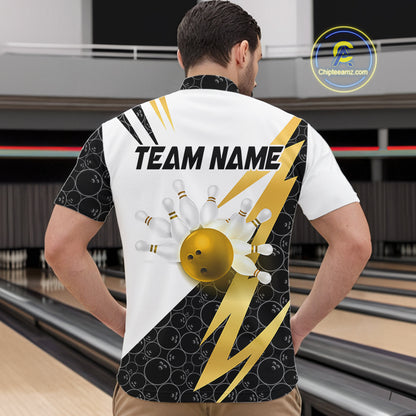 Black and White Bowling Polo, Quarter Zip Shirt for Men Custom Lightning Team bowling jersey | Gold NQS10004