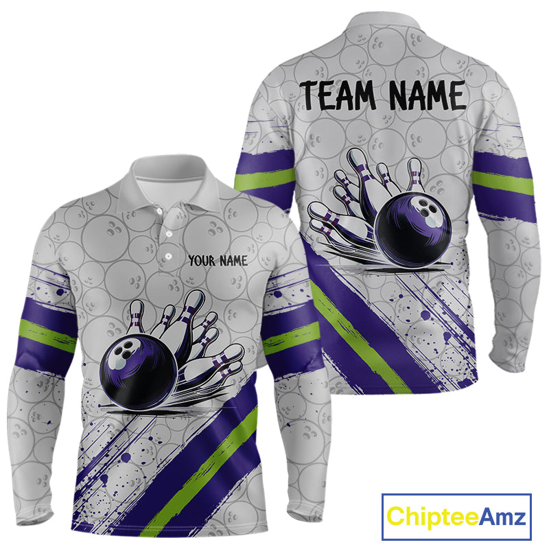 Purple and Green Bowling Camo Polo, 1/4 Zip Shirt for Men Custom Team bowling jersey gift for bowlers NQS10008