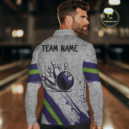Purple and Green Bowling Camo Polo, 1/4 Zip Shirt for Men Custom Team bowling jersey gift for bowlers NQS10008