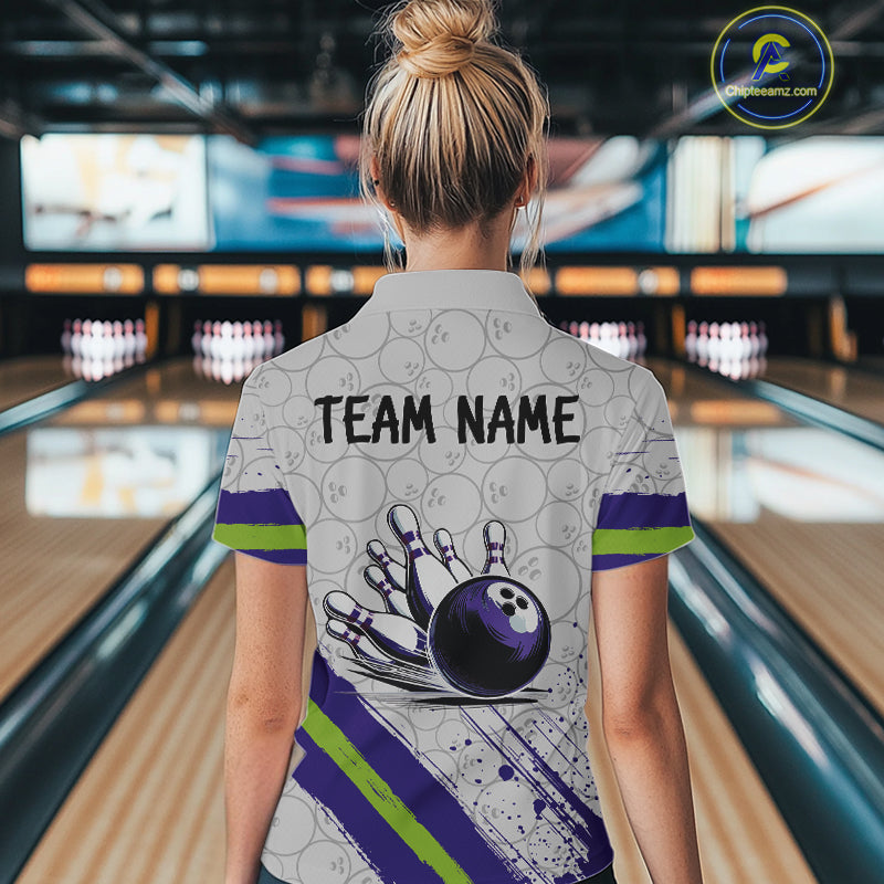Purple and Green Bowling Camo Women Polo, 1/4 Zip Shirt Custom Team bowling jersey gift for bowlers NQS10008
