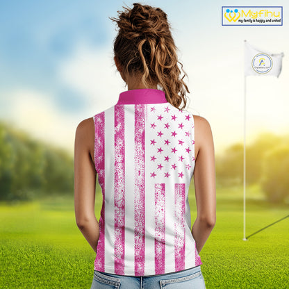 Personalized Pink & White American Flag Retro Women sleeveless polo shirt Patriotic laies golf top NQS10307