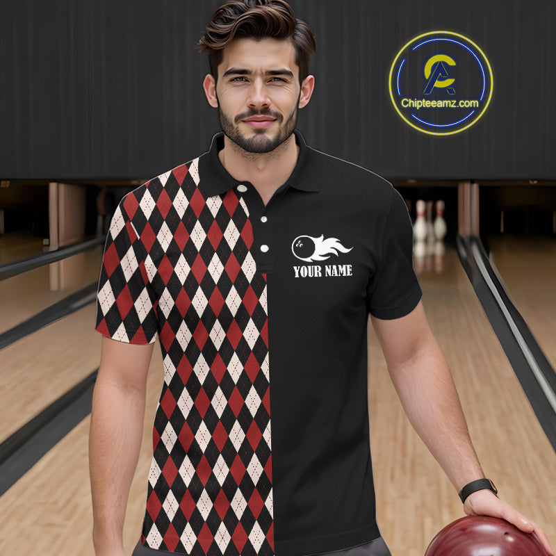 Black and Red Argyle Pattern Retro Bowling Polo, Quarter Zip Shirt for Men Custom Team Bowling Outfit NQS10510