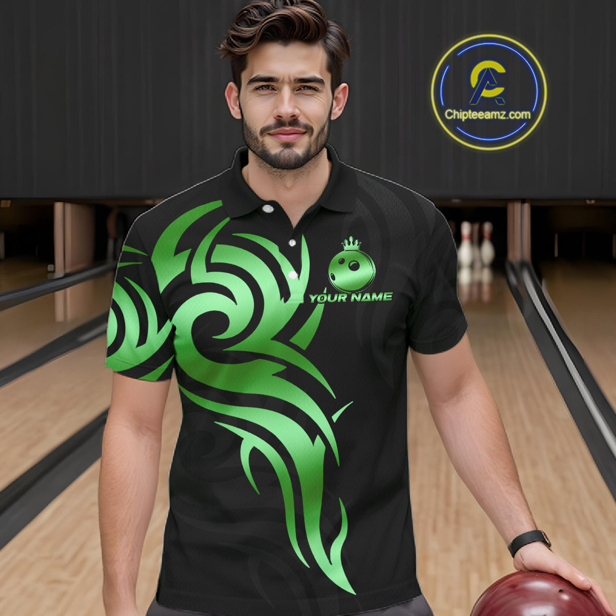 Black and Green crown Bowling ball Polo, Quarter Zip Shirts for Men Custom Bowling Team jerseys NQS10731