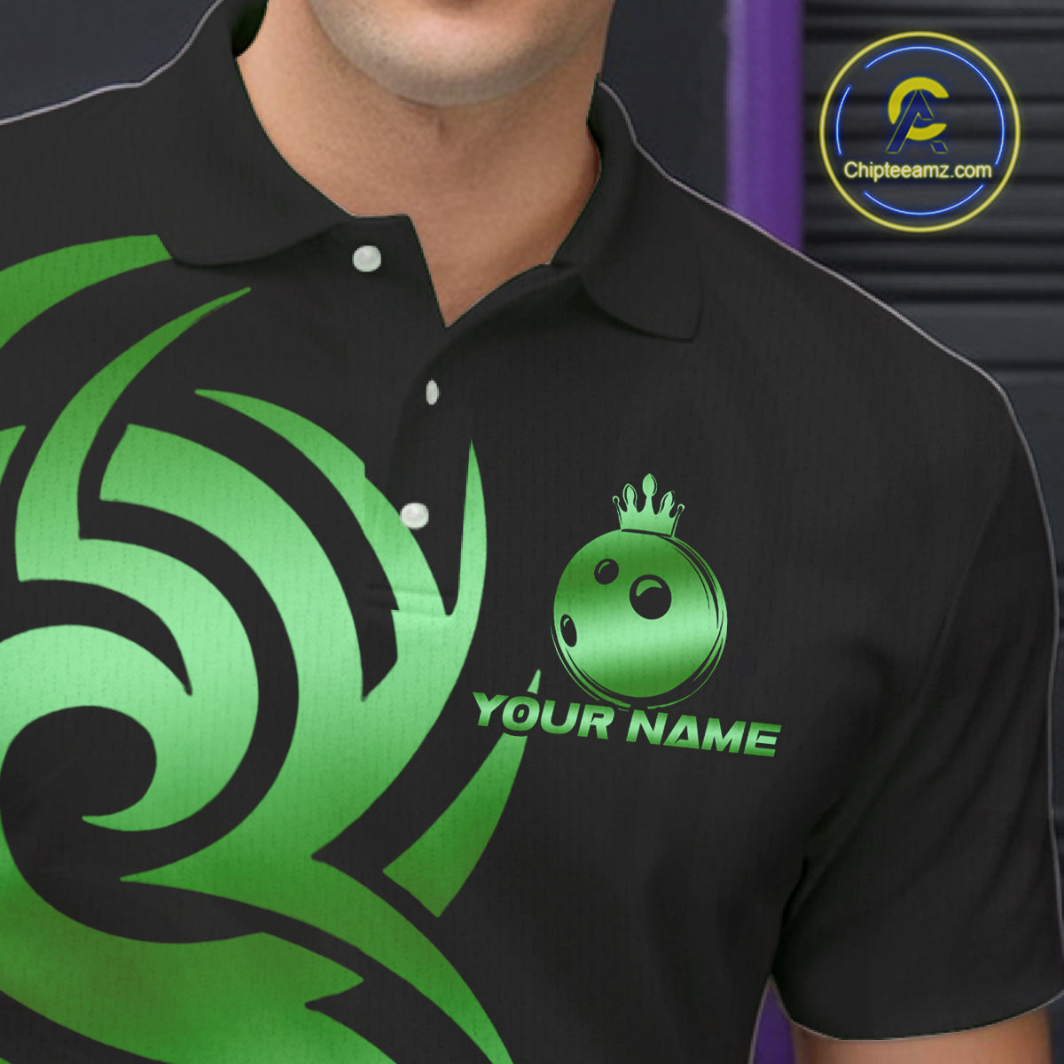 Black and Green crown Bowling ball Polo, Quarter Zip Shirts for Men Custom Bowling Team jerseys NQS10731