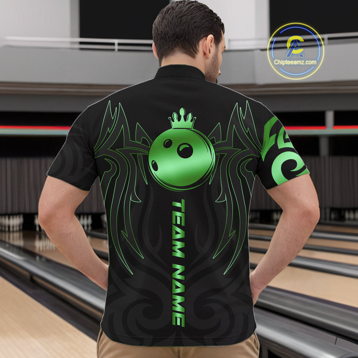 Black and Green crown Bowling ball Polo, Quarter Zip Shirts for Men Custom Bowling Team jerseys NQS10731