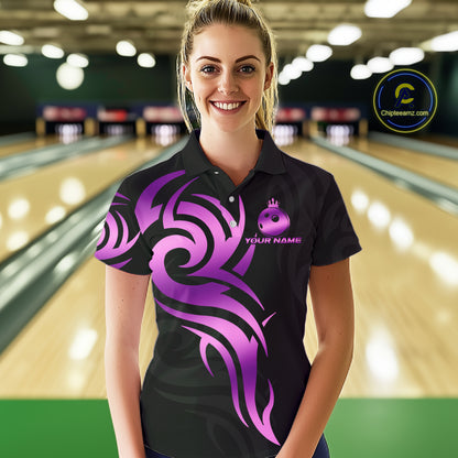 Black and Purple crown Bowling ball Polo, Quarter Zip Shirts for Women Custom Bowling Team jerseys NQS10732