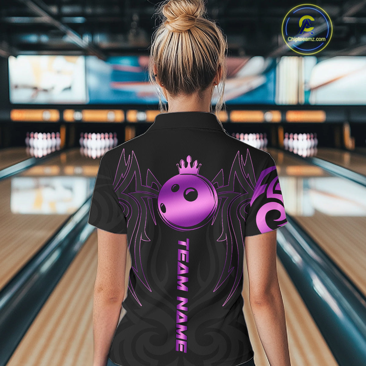 Black and Purple crown Bowling ball Polo, Quarter Zip Shirts for Women Custom Bowling Team jerseys NQS10732