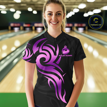 Black and Purple crown Bowling ball Polo, Quarter Zip Shirts for Women Custom Bowling Team jerseys NQS10732