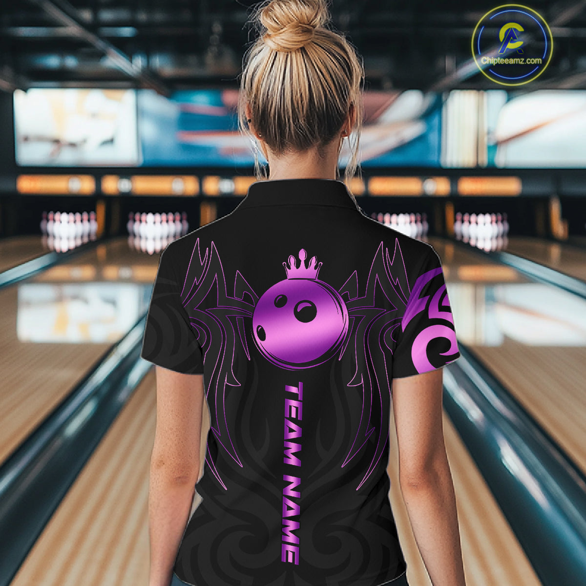 Black and Purple crown Bowling ball Polo, Quarter Zip Shirts for Women Custom Bowling Team jerseys NQS10732
