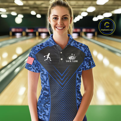 Women Bowling Polo, Quarter Zip Shirts Custom blue camo American flag team bowling League Jerseys NQS11116