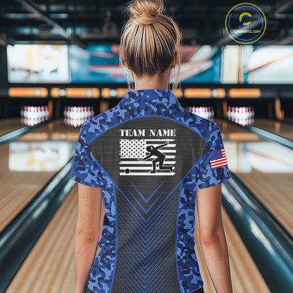 Women Bowling Polo, Quarter Zip Shirts Custom blue camo American flag team bowling League Jerseys NQS11116