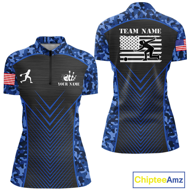 Women Bowling Polo, Quarter Zip Shirts Custom blue camo American flag team bowling League Jerseys NQS11116