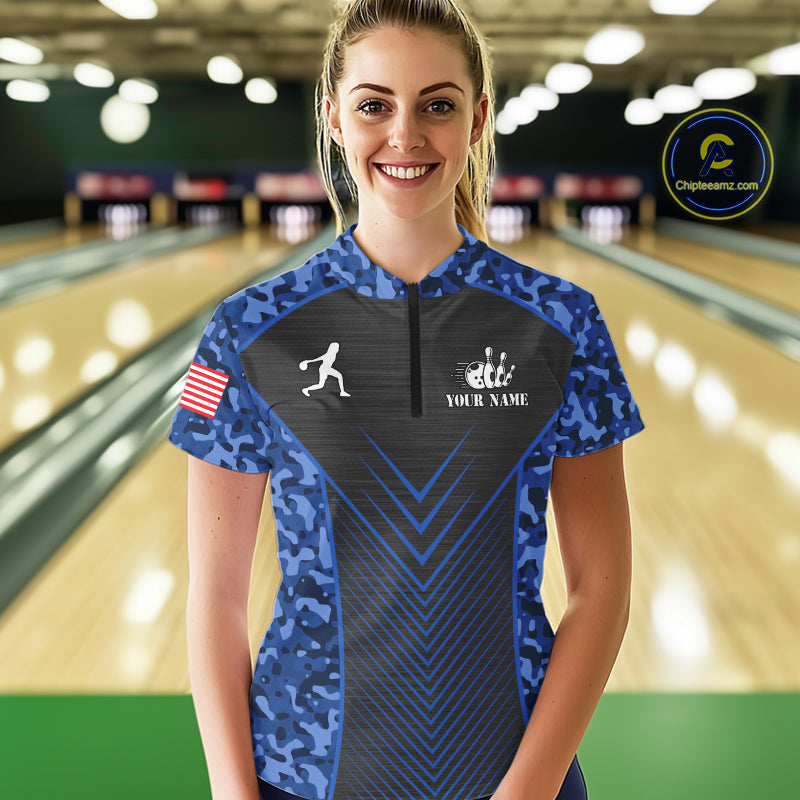 Women Bowling Polo, Quarter Zip Shirts Custom blue camo American flag team bowling League Jerseys NQS11116