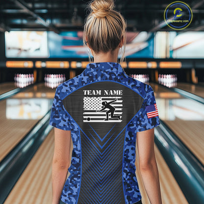Women Bowling Polo, Quarter Zip Shirts Custom blue camo American flag team bowling League Jerseys NQS11116